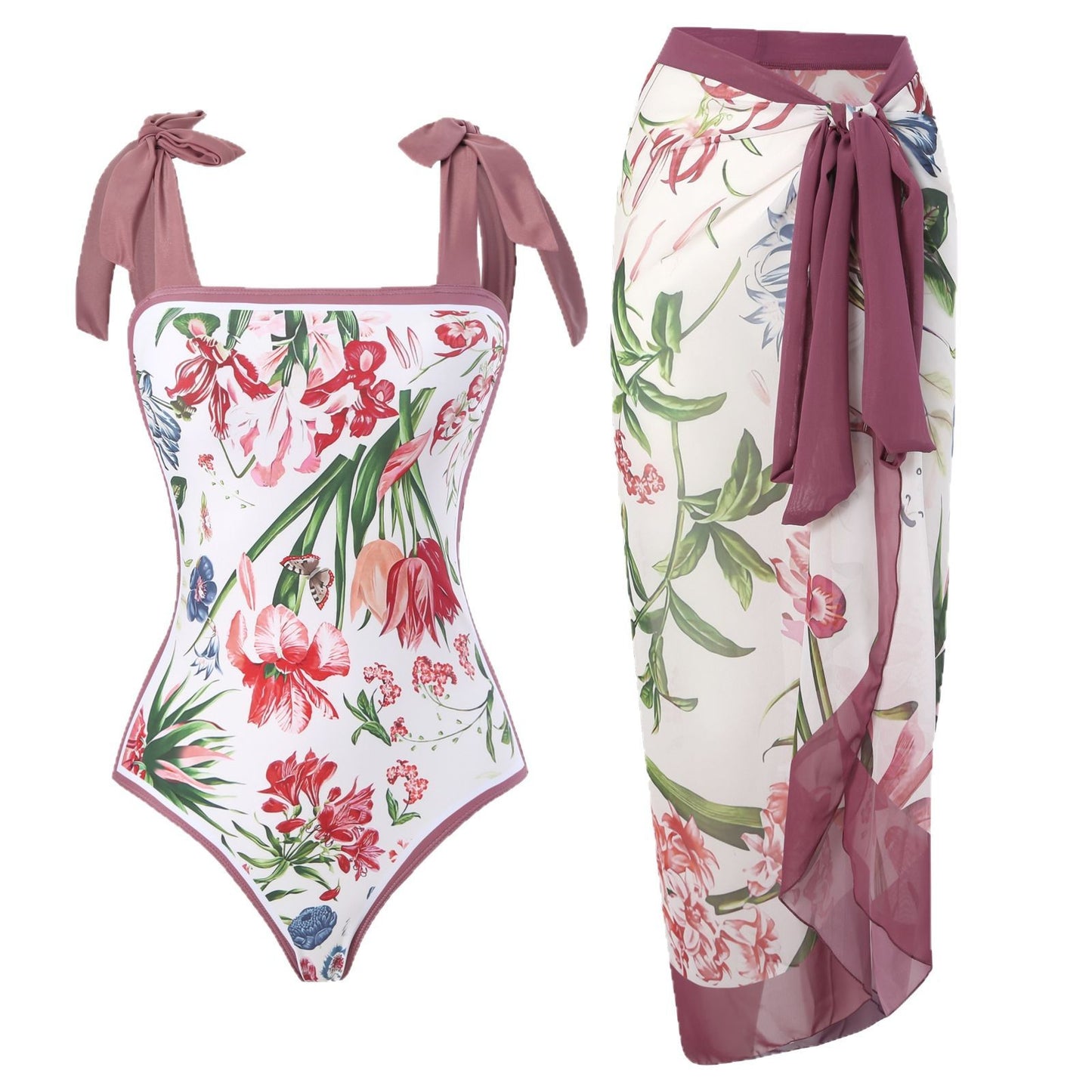 2025 European and American Foreign Trade One-piece Bikini Three-piece Suit Conservative Beach Skirt Chiffon Wrap Skirt Hot Spring Swimsuit Women