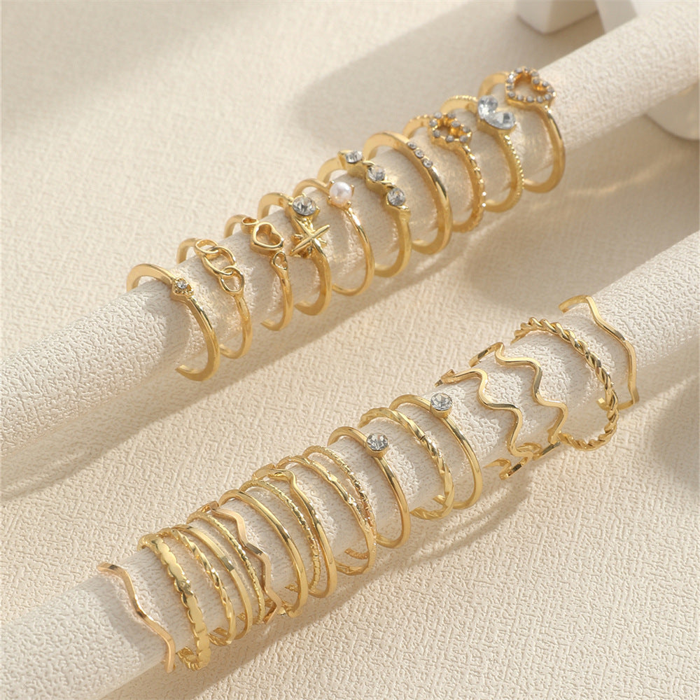 Hot-selling Cross-border Simple Diamond-set Love Wave Ring 28-piece Set Gold Geometric Joint Ring