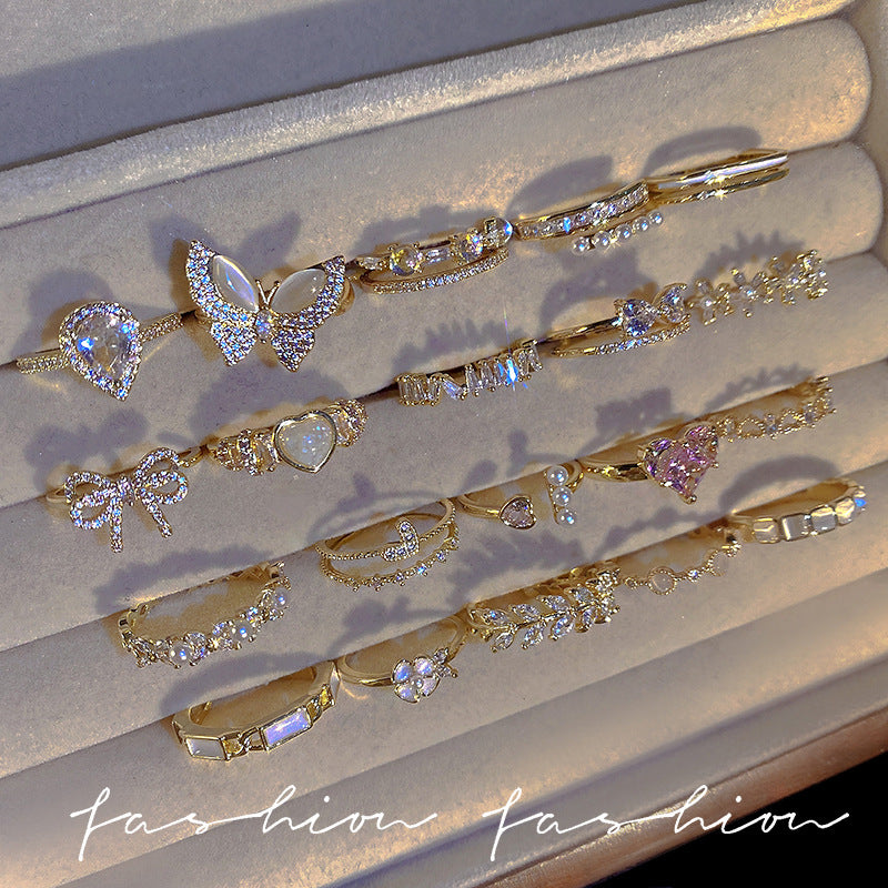 Korean Light Luxury High-end Zircon Pearl Ring Women's Retro Niche Design Bow Ring Ring Open Jewelry