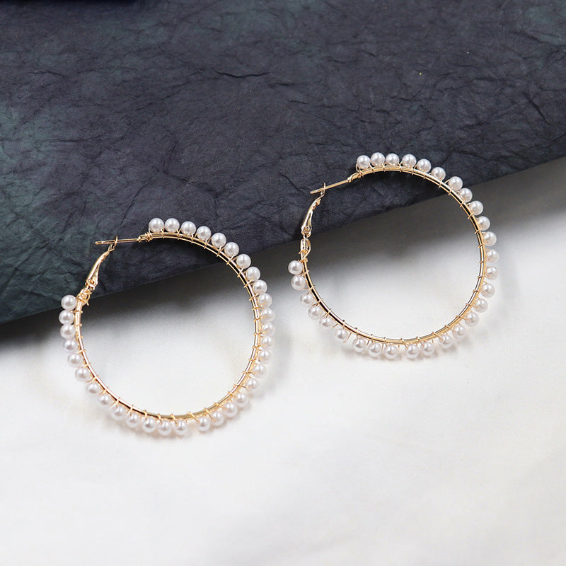 XP17 European and American Explosion Fashion Geometric Large Circle Earrings Women's Pearl Winding Ear Buckle Exaggerated Temperament Ear