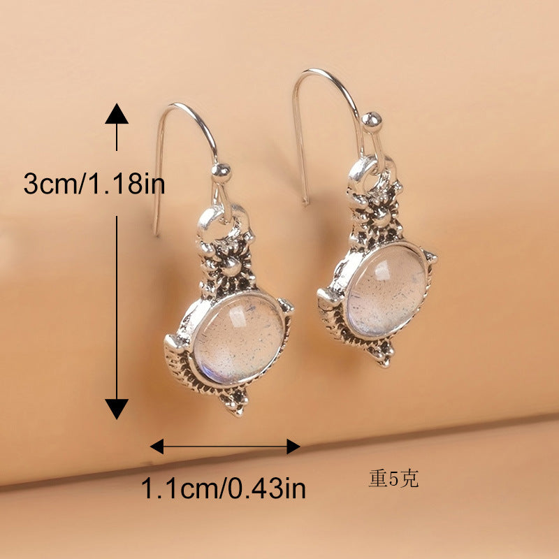 Hot Sale, New Moonstone Retro Earrings, European and American Fashion Imitation Thai Silver Seven Rainbows Gem Ear Hook Jewelry