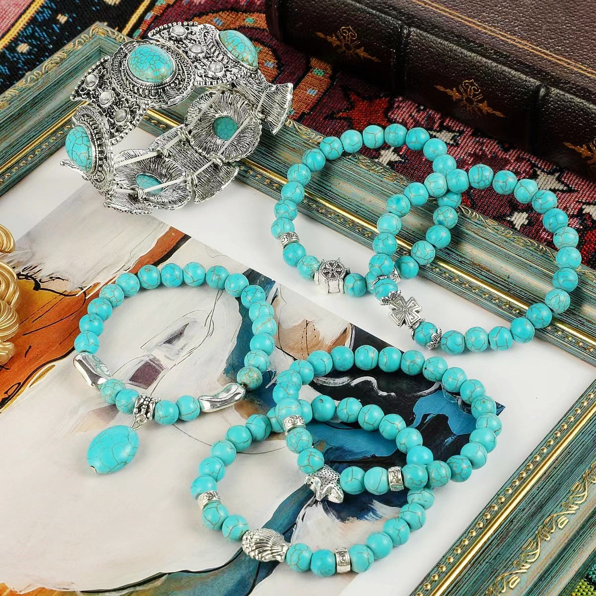 Special Foreign Trade Europe and The United States Popular Beaded Bracelet Women's Set Bohemian Ethnic Style Turquoise Bracelet