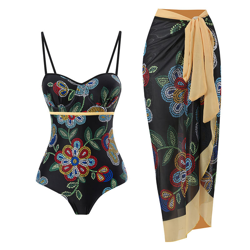 2025 European and American Foreign Trade One-piece Bikini Three-piece Suit Conservative Beach Skirt Chiffon Wrap Skirt Hot Spring Swimsuit Women