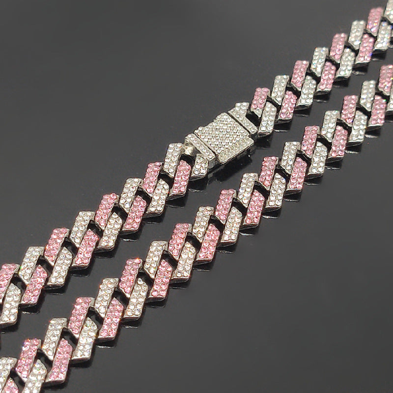 Explosive 15mm Small Flip Hiphop Pink Blue Hip Hop Cuban Chain Quadrilateral Strip Prismatic Men's Necklace