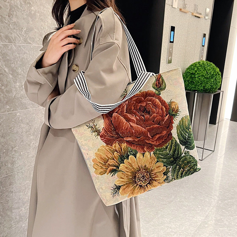 New Gold Silk Single-sided Cloth Bag Foreign Trade Fashion Shoulder Women's Bag Cute Shopping Bag Cross-border Supply Literary Canvas Bag