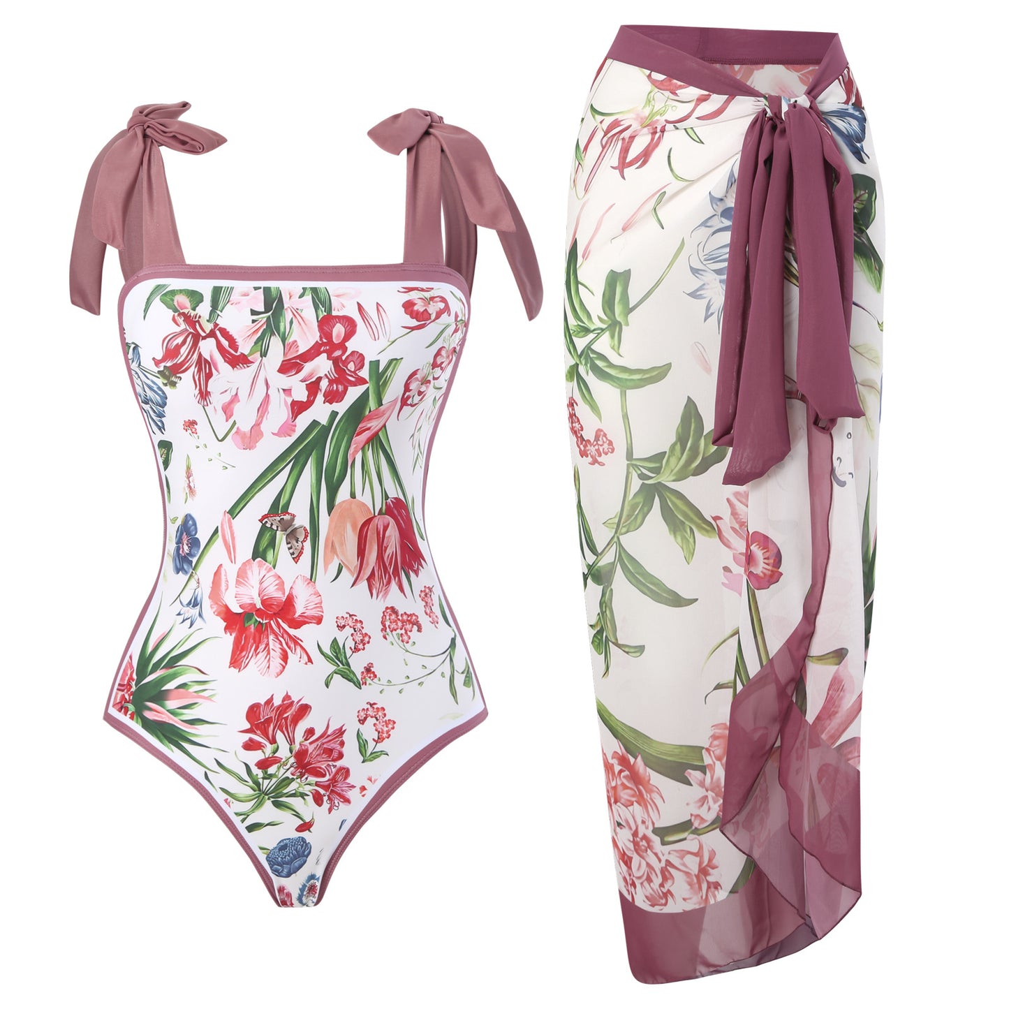 2025 European and American Foreign Trade One-piece Bikini Three-piece Suit Conservative Beach Skirt Chiffon Wrap Skirt Hot Spring Swimsuit Women