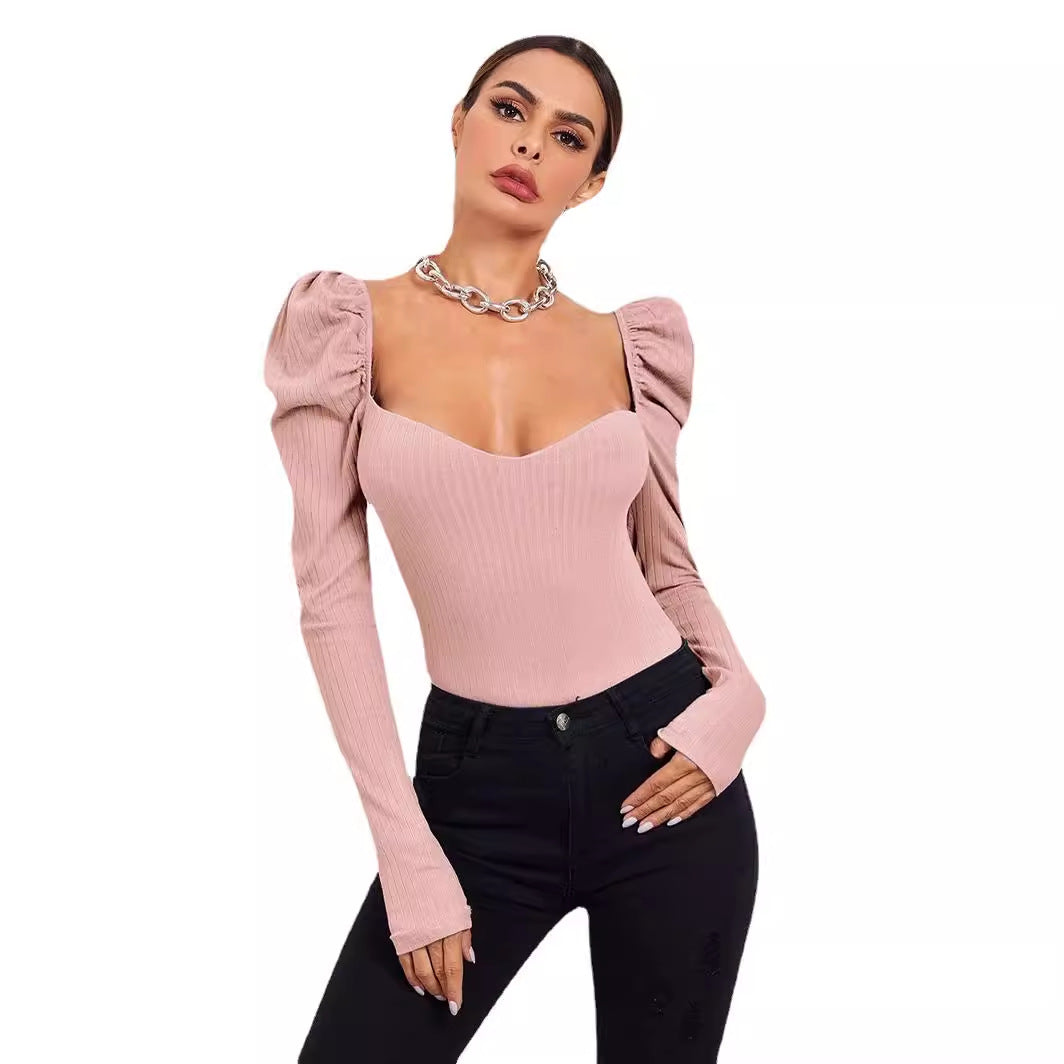 Foreign Trade Cross-border Amazon Bubble Long-sleeved Women's Clothing Pullover One-word Collar Solid Color Slim-fit T-shirt