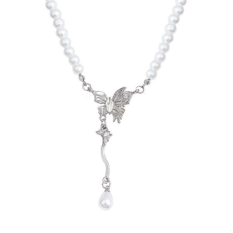Korean New Pearl Butterfly Necklace Women's High-end Light Luxury Niche Versatile Sweater Chain Autumn and Winter Popular Accessories