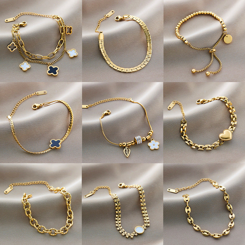 Warm Jian Does Not Fade Cross-border Hot-selling Titanium Steel Bracelet Women's Five-leaf Clover with Diamonds Ins Wind Personality 18K Vacuum Plating
