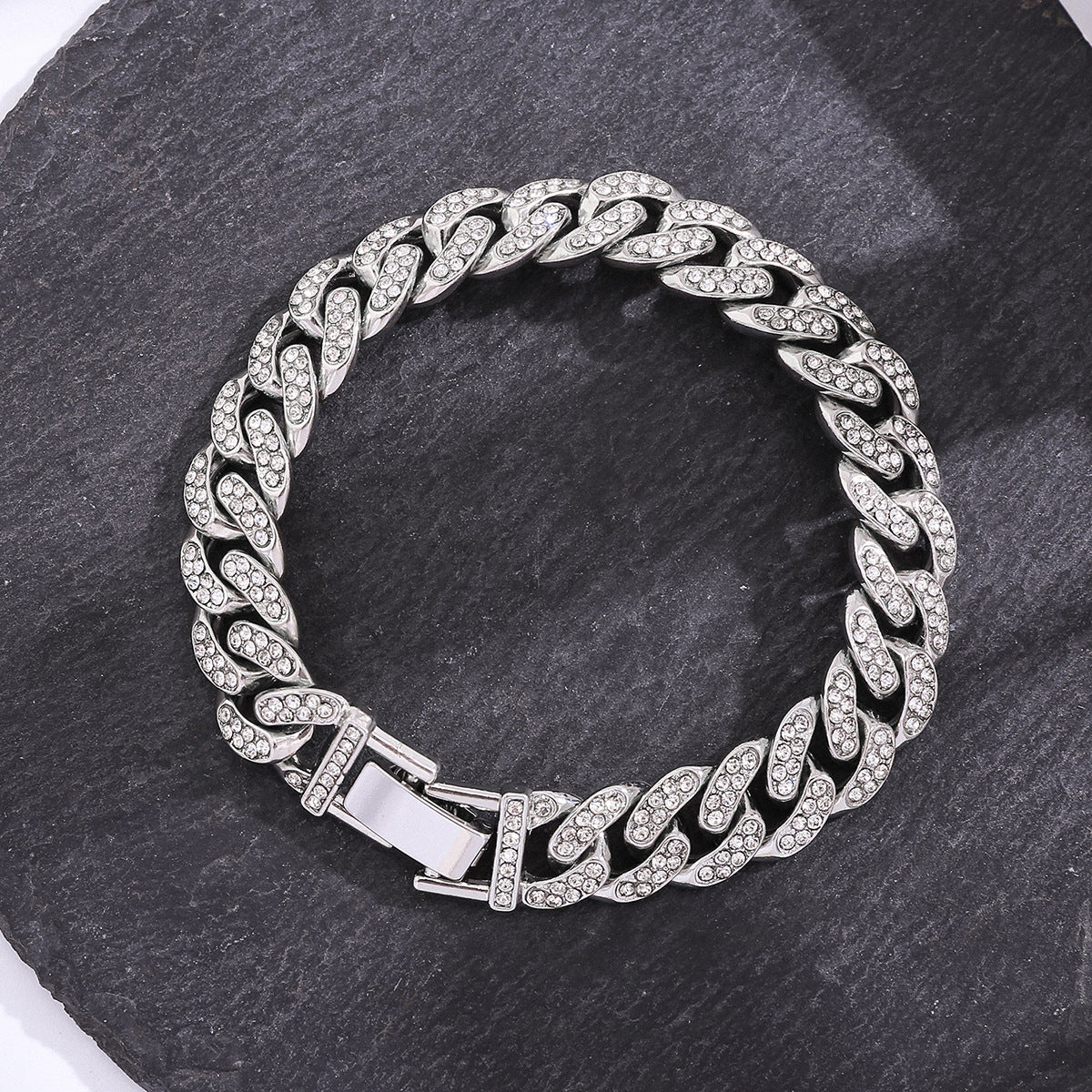 Korean Version of Hip-hop Personality Full Diamond Cuban Bracelet, Niche Design Wholesale Couple Men's and Women's Titanium Steel Bracelet Does Not Fade