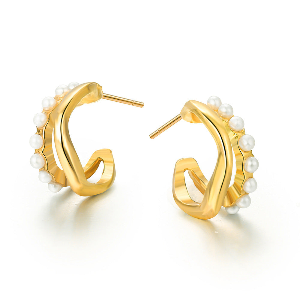 XP17 European and American hot-selling niche design sense retro pearl earrings creative unique metal stud earrings light luxury