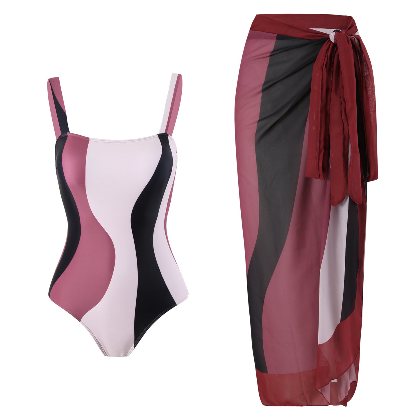 2025 European and American Foreign Trade One-piece Bikini Three-piece Suit Conservative Beach Skirt Chiffon Wrap Skirt Hot Spring Swimsuit Women