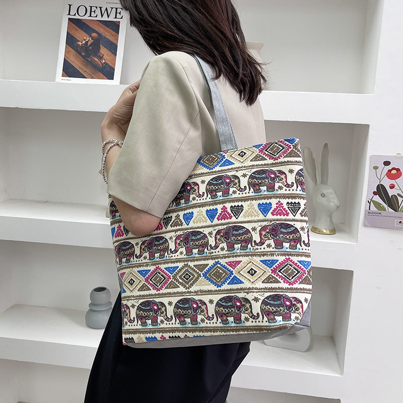 Foreign Trade New Canvas Bag Large-capacity Women's Bag Printed Handbag Ethnic Style Literary and Artistic Student Bag Shopping Bag