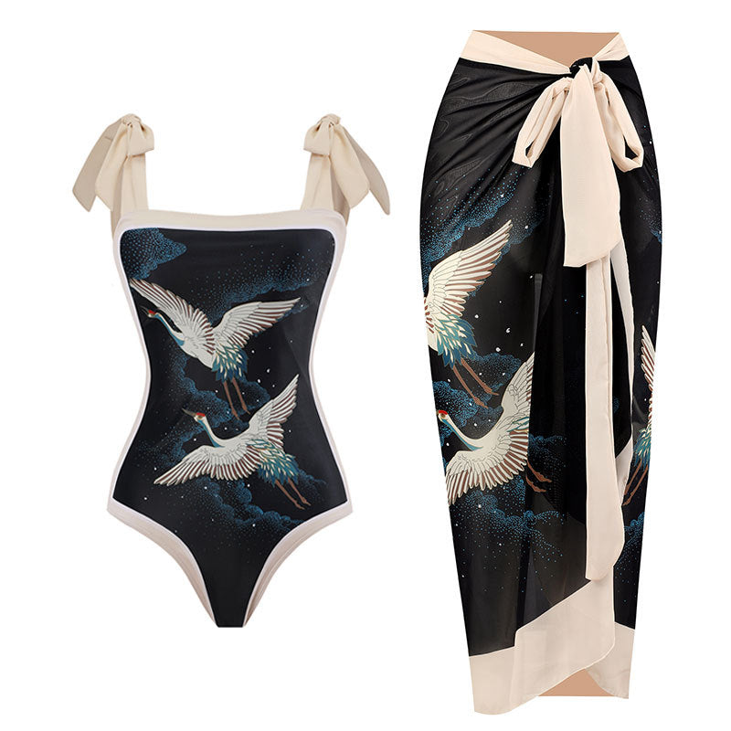 2025 European and American Foreign Trade One-piece Bikini Three-piece Suit Conservative Beach Skirt Chiffon Wrap Skirt Hot Spring Swimsuit Women