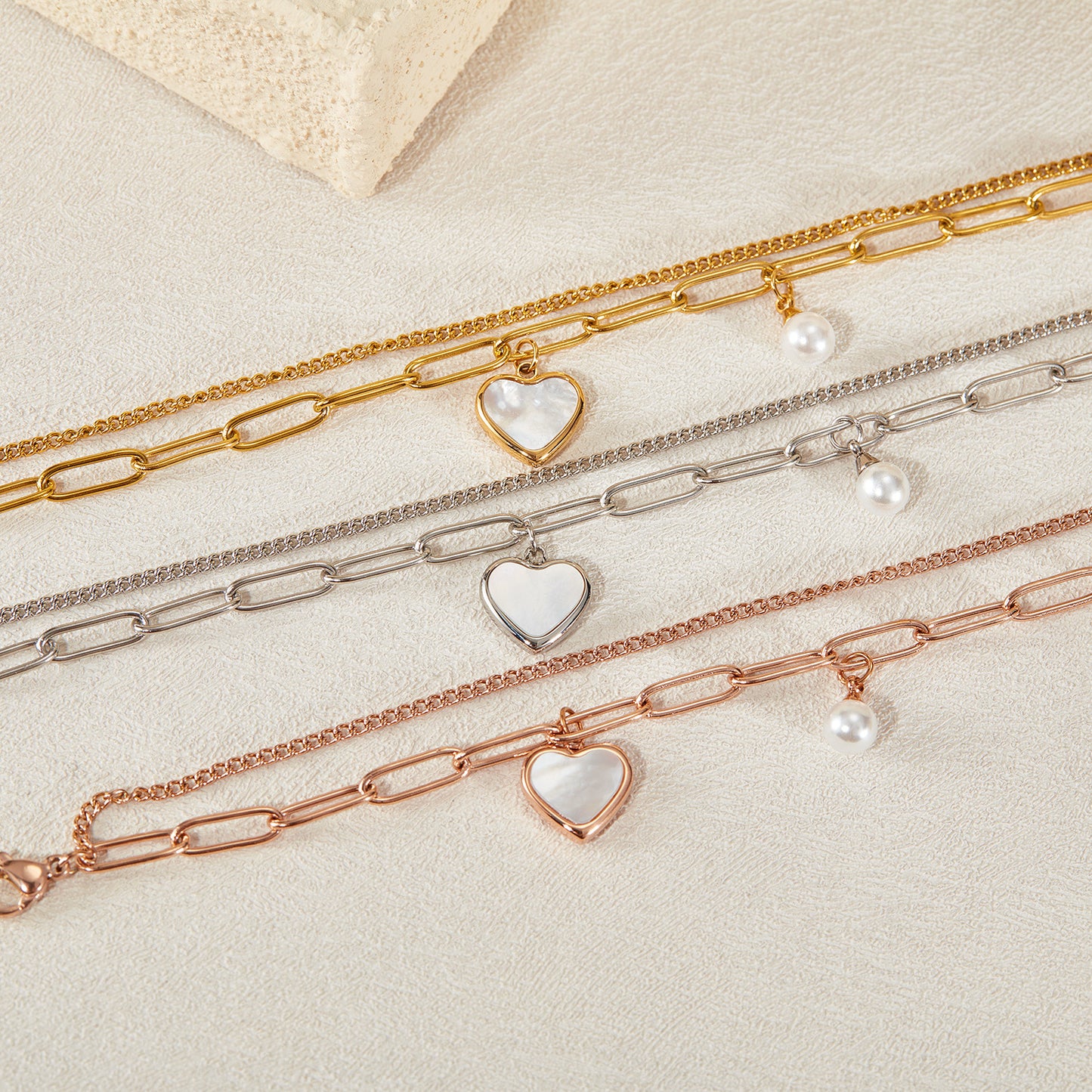 Jewelry Fashion Niche Design Cold Wind Personality Double Temperament Versatile Peach Heart Pearl Stainless Steel Bracelet