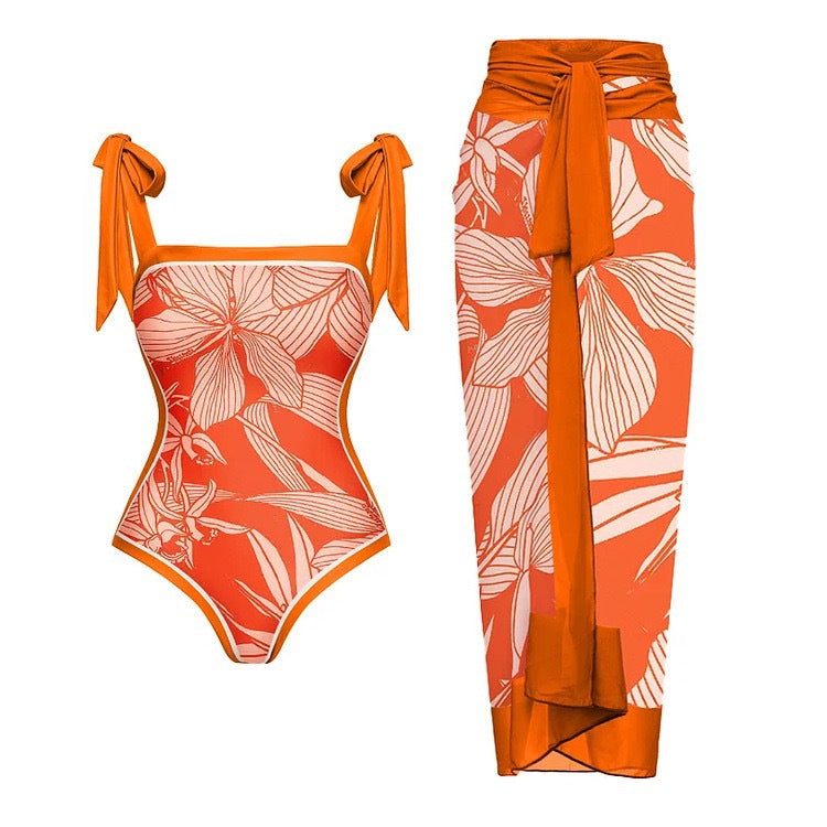 2025 European and American Foreign Trade One-piece Bikini Three-piece Suit Conservative Beach Skirt Chiffon Wrap Skirt Hot Spring Swimsuit Women