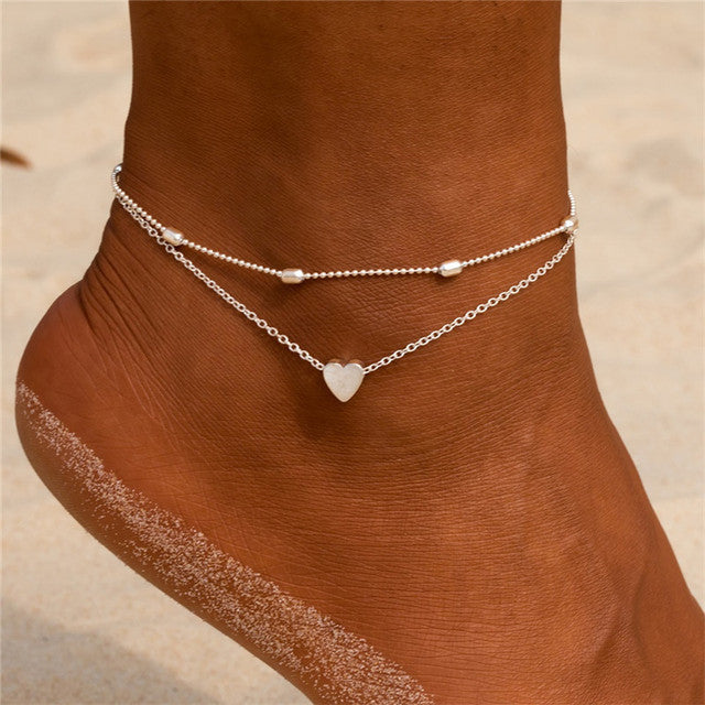 European and American New Anklet Fashion Round Bead Chain Multi-layer Love Alloy Women's Foot Jewelry Beach Anklet Cross-border Jewelry