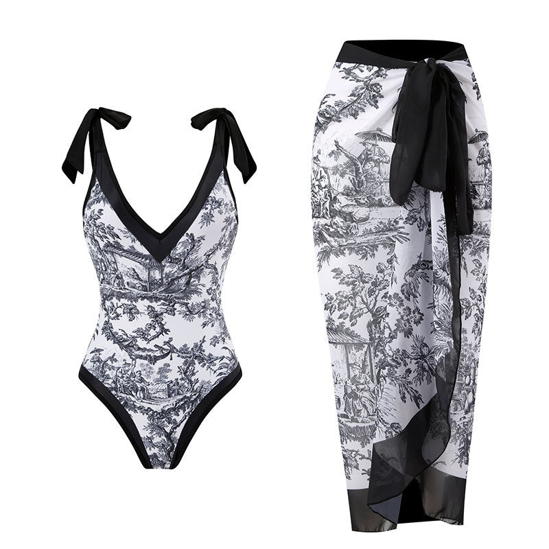 2025 European and American Foreign Trade One-piece Bikini Three-piece Suit Conservative Beach Skirt Chiffon Wrap Skirt Hot Spring Swimsuit Women