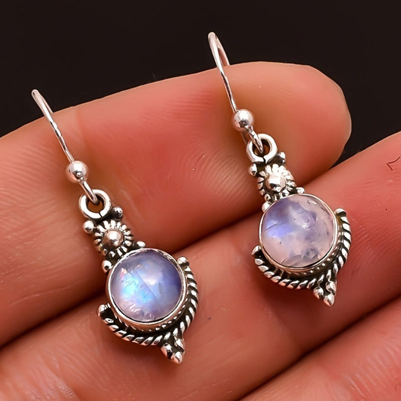 Hot Sale, New Moonstone Retro Earrings, European and American Fashion Imitation Thai Silver Seven Rainbows Gem Ear Hook Jewelry