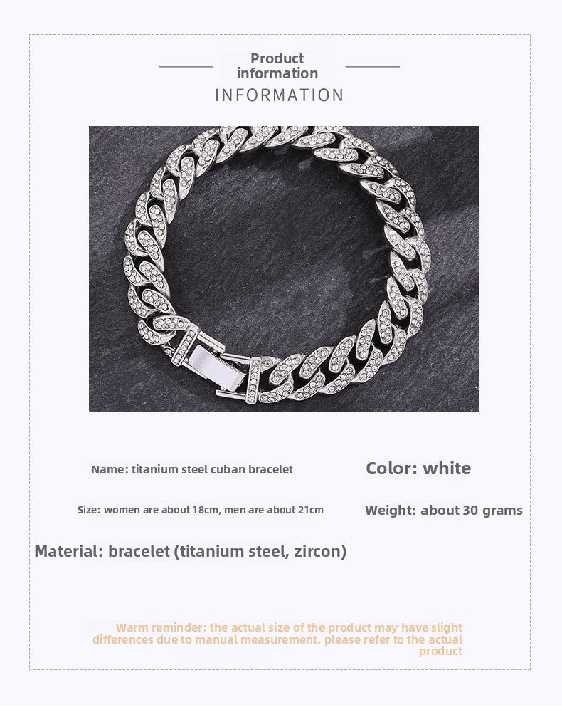 Korean Version of Hip-hop Personality Full Diamond Cuban Bracelet, Niche Design Wholesale Couple Men's and Women's Titanium Steel Bracelet Does Not Fade