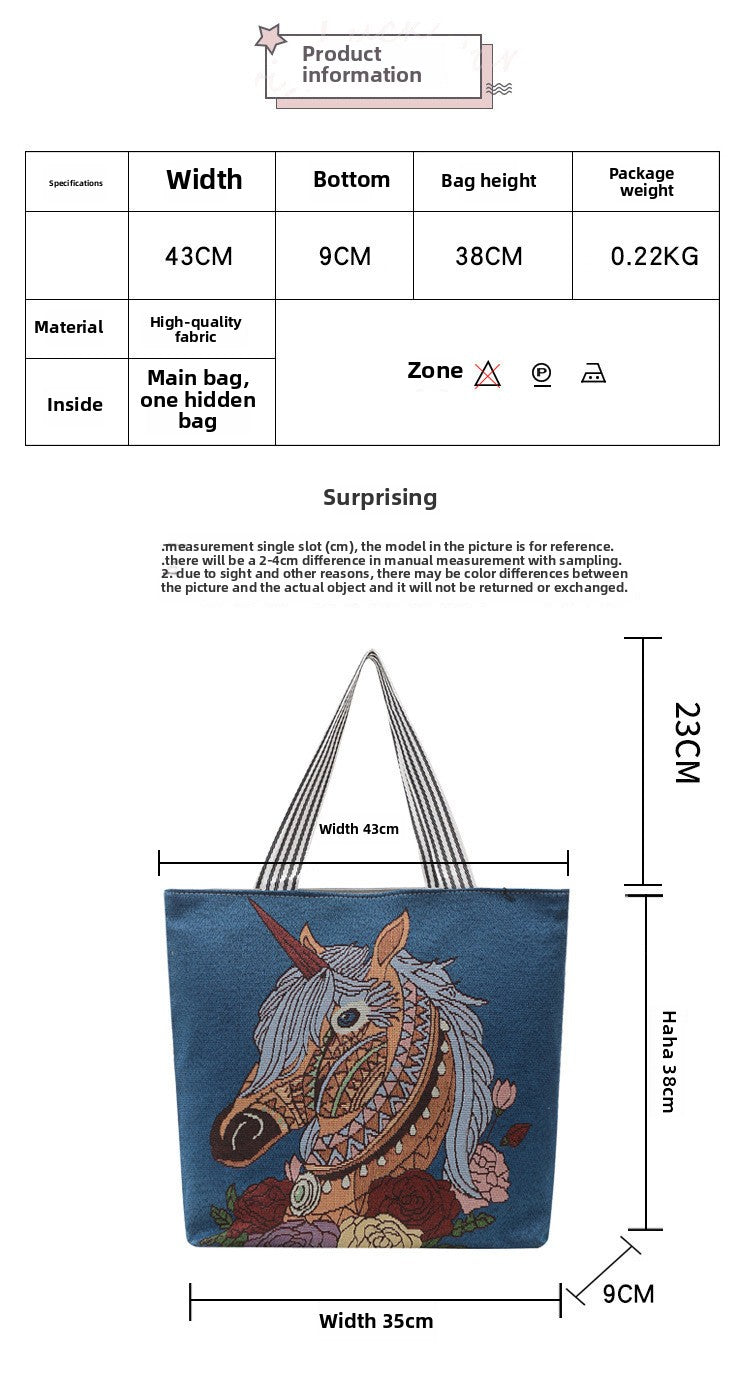Foreign Trade Ethnic Style Retro Portable Canvas Bag Large Embroidery Shopping Fashion Shoulder Women's Bag New Matai Tote Bag