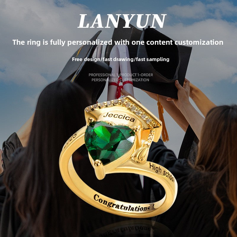2025 New Cross-border Independent Station Graduation Commemorative Scholar Hat Women's Love Birthstone Ring Ring Customization