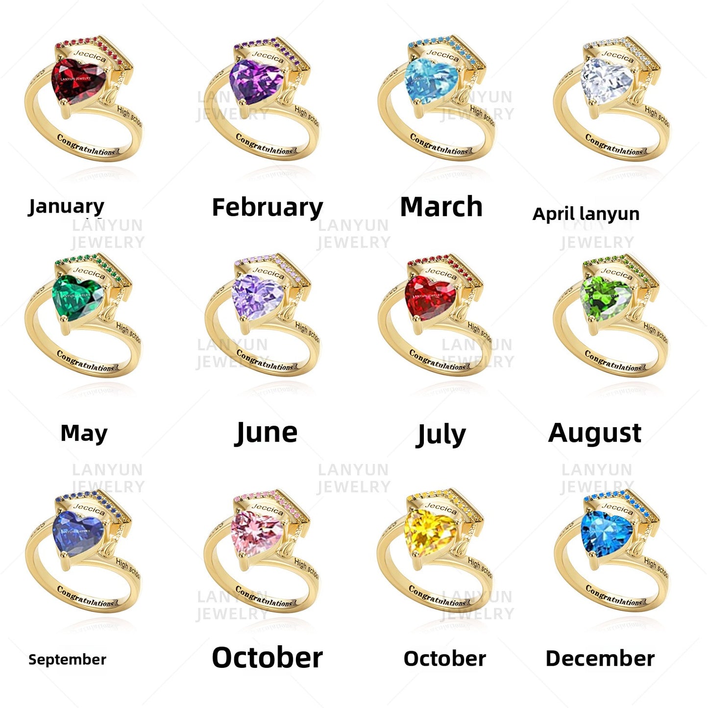 2025 New Cross-border Independent Station Graduation Commemorative Scholar Hat Women's Love Birthstone Ring Ring Customization