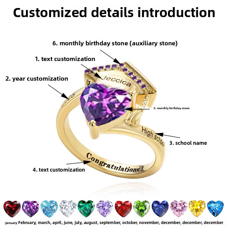 2025 New Cross-border Independent Station Graduation Commemorative Scholar Hat Women's Love Birthstone Ring Ring Customization