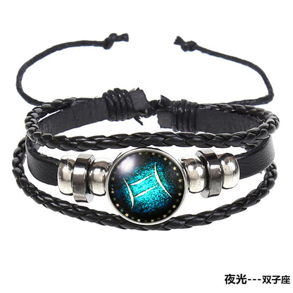 Popular 12 Constellation Cowhide Bracelet Personalized Retro Woven Star Bracelet, Twelve Constellation Leather Bracelet