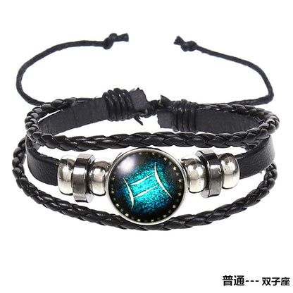 Popular 12 Constellation Cowhide Bracelet Personalized Retro Woven Star Bracelet, Twelve Constellation Leather Bracelet