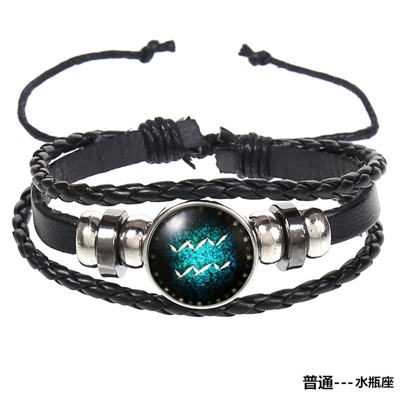 Popular 12 Constellation Cowhide Bracelet Personalized Retro Woven Star Bracelet, Twelve Constellation Leather Bracelet