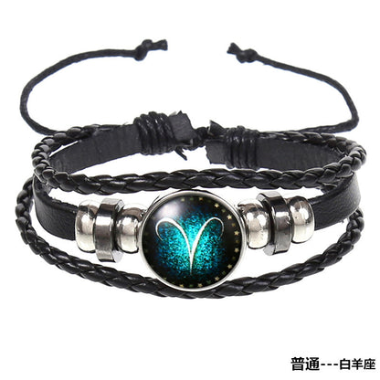 Popular 12 Constellation Cowhide Bracelet Personalized Retro Woven Star Bracelet, Twelve Constellation Leather Bracelet