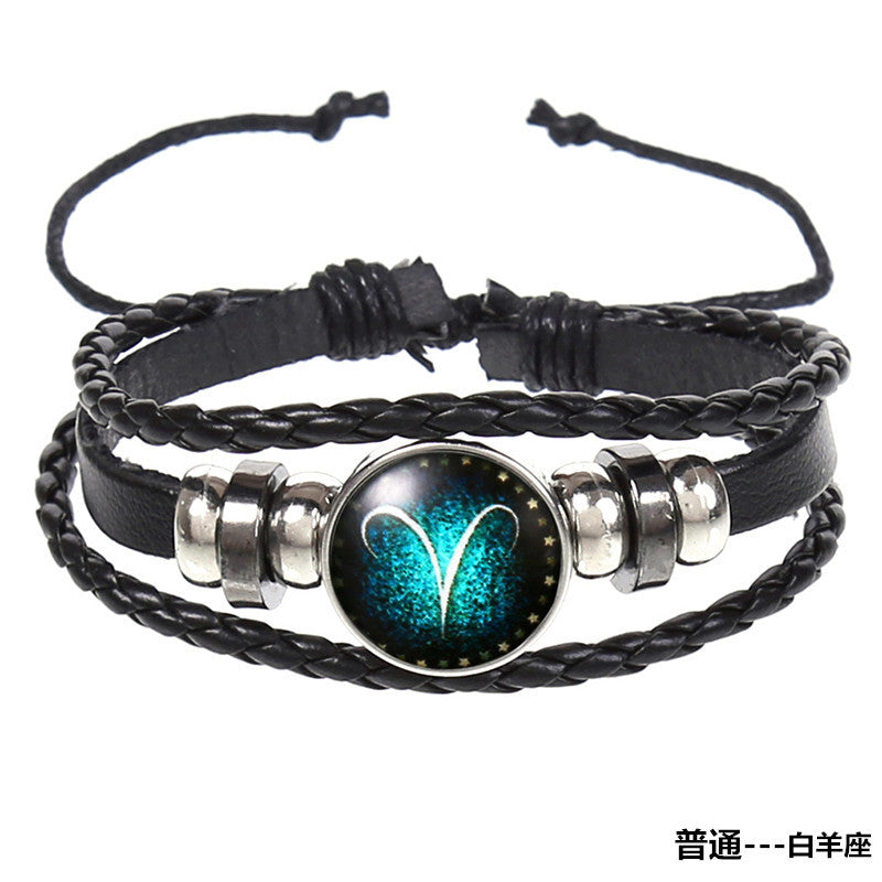 Popular 12 Constellation Cowhide Bracelet Personalized Retro Woven Star Bracelet, Twelve Constellation Leather Bracelet