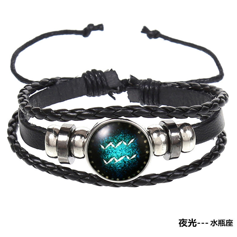 Popular 12 Constellation Cowhide Bracelet Personalized Retro Woven Star Bracelet, Twelve Constellation Leather Bracelet