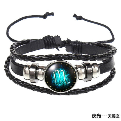 Popular 12 Constellation Cowhide Bracelet Personalized Retro Woven Star Bracelet, Twelve Constellation Leather Bracelet