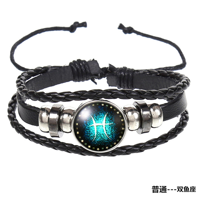 Popular 12 Constellation Cowhide Bracelet Personalized Retro Woven Star Bracelet, Twelve Constellation Leather Bracelet