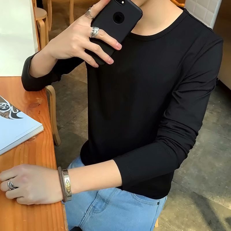 Men's Fleece Thickened Long-sleeved T-shirt Crew Neck Autumn Slim-fit Bottoming Shirt Winter Solid Color Warm T-shirt on Clothes