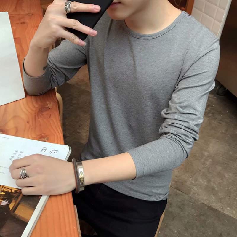 Men's Fleece Thickened Long-sleeved T-shirt Crew Neck Autumn Slim-fit Bottoming Shirt Winter Solid Color Warm T-shirt on Clothes