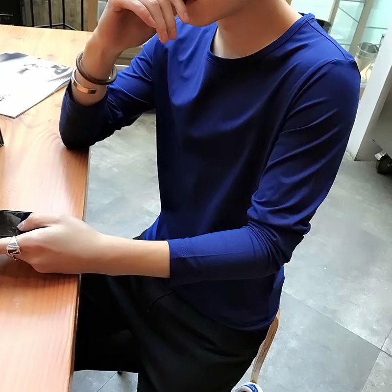 Men's Fleece Thickened Long-sleeved T-shirt Crew Neck Autumn Slim-fit Bottoming Shirt Winter Solid Color Warm T-shirt on Clothes