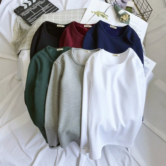 Men's Fleece Thickened Long-sleeved T-shirt Crew Neck Autumn Slim-fit Bottoming Shirt Winter Solid Color Warm T-shirt on Clothes