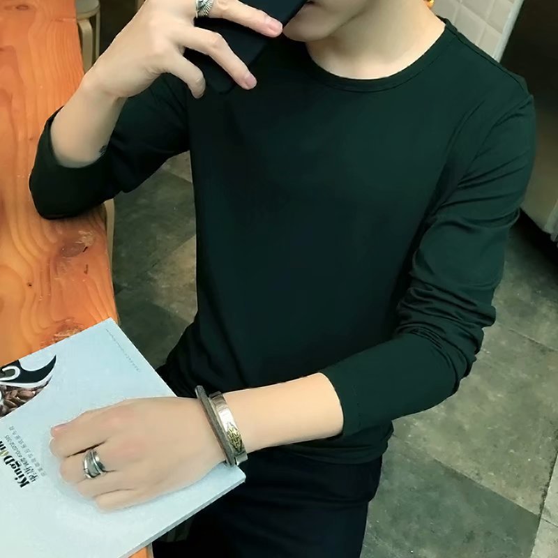 Men's Fleece Thickened Long-sleeved T-shirt Crew Neck Autumn Slim-fit Bottoming Shirt Winter Solid Color Warm T-shirt on Clothes