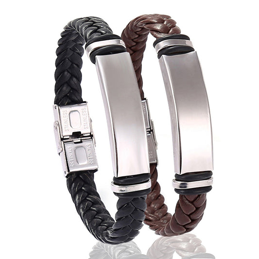 European and American Stainless Steel Simple Bracelet, Light Plate Lettering Leather Woven Bracelet, Men's Bracelet Factory Direct Sales