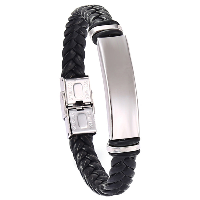 European and American Stainless Steel Simple Bracelet, Light Plate Lettering Leather Woven Bracelet, Men's Bracelet Factory Direct Sales