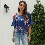 Summer Clearance Amazon Round Neck Short-sleeved Printed T-shirt Ripped Open Shoulder Short-sleeved European Beautiful Women's Top Spot
