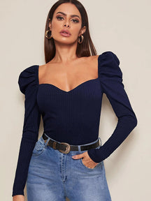 Foreign Trade Cross-border Amazon Bubble Long-sleeved Women's Clothing Pullover One-word Collar Solid Color Slim-fit T-shirt