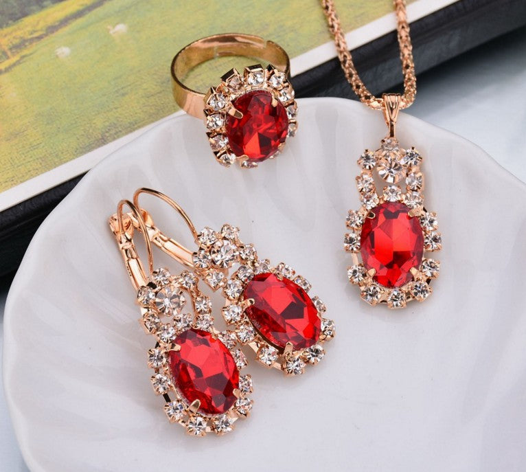XP17 European and American Ins Water Drop Jewelry Set, Personalized Fashion Color Rhinestone Necklace, Earrings, Ring Set New
