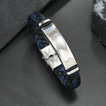 European and American Stainless Steel Simple Bracelet, Light Plate Lettering Leather Woven Bracelet, Men's Bracelet Factory Direct Sales