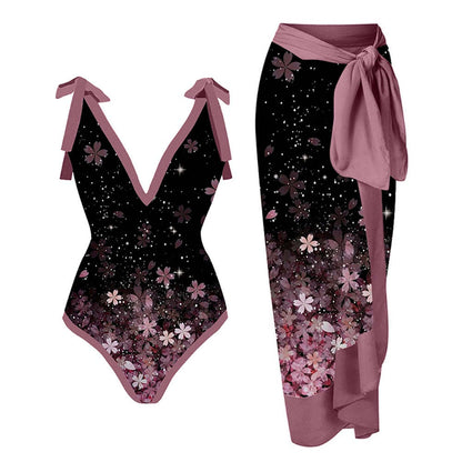 2025 European and American Foreign Trade One-piece Bikini Three-piece Suit Conservative Beach Skirt Chiffon Wrap Skirt Hot Spring Swimsuit Women