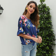 Summer Clearance Amazon Round Neck Short-sleeved Printed T-shirt Ripped Open Shoulder Short-sleeved European Beautiful Women's Top Spot