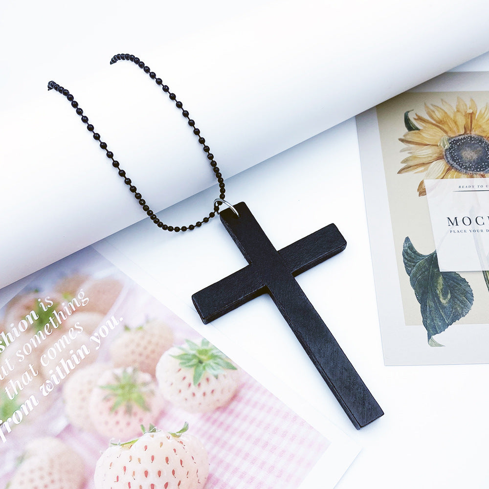Hot-selling European and American Fashion Cross Necklaces, Wooden Simple and Versatile Sweater Chain Accessories, Spot Wholesale